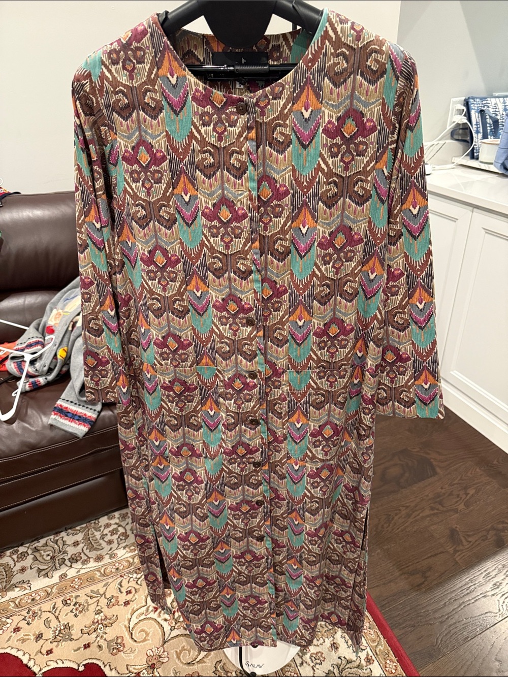 Peruvian Connection Geometric Button-Front Maxi Dress in Brown, Teal & Burgundy